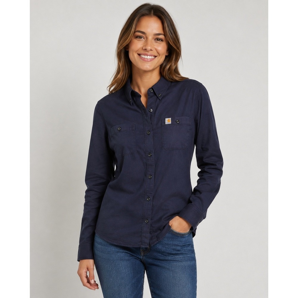Carhartt FR Force Cotton Navy Shirt Women's SZ Large Flame Resistant Long Sleeve